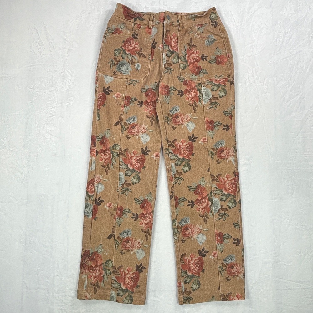 Flamingals Tan Floral Rose Print High Waisted Straight Leg Denim Pants Size M